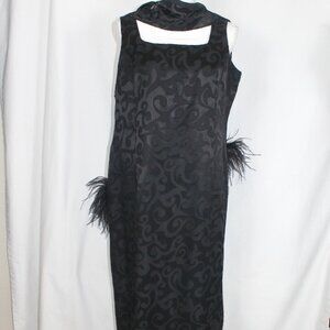 LORI WEIDNER Black Formal Dress Woman Size 14 Petite Maxi Length Sheath Boa Vtg.